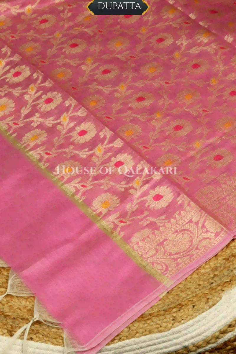 Pink Banarasi Chanderi Cotton Unstitched Dress Material with Zari Work – dupatta