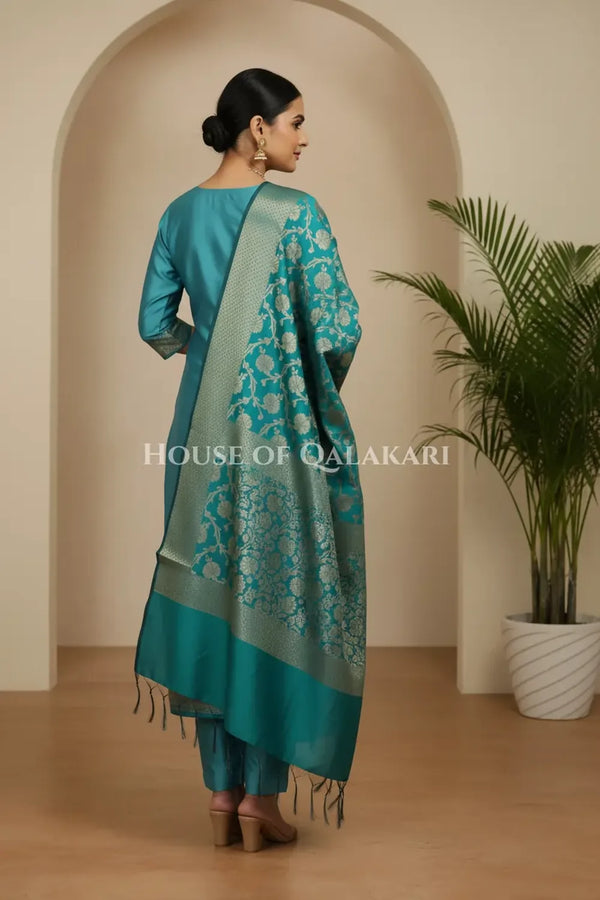 Banarasi silk Unstitched Dress Material in sky blue and blue contrast with Intricate Zari Buti – back pose
