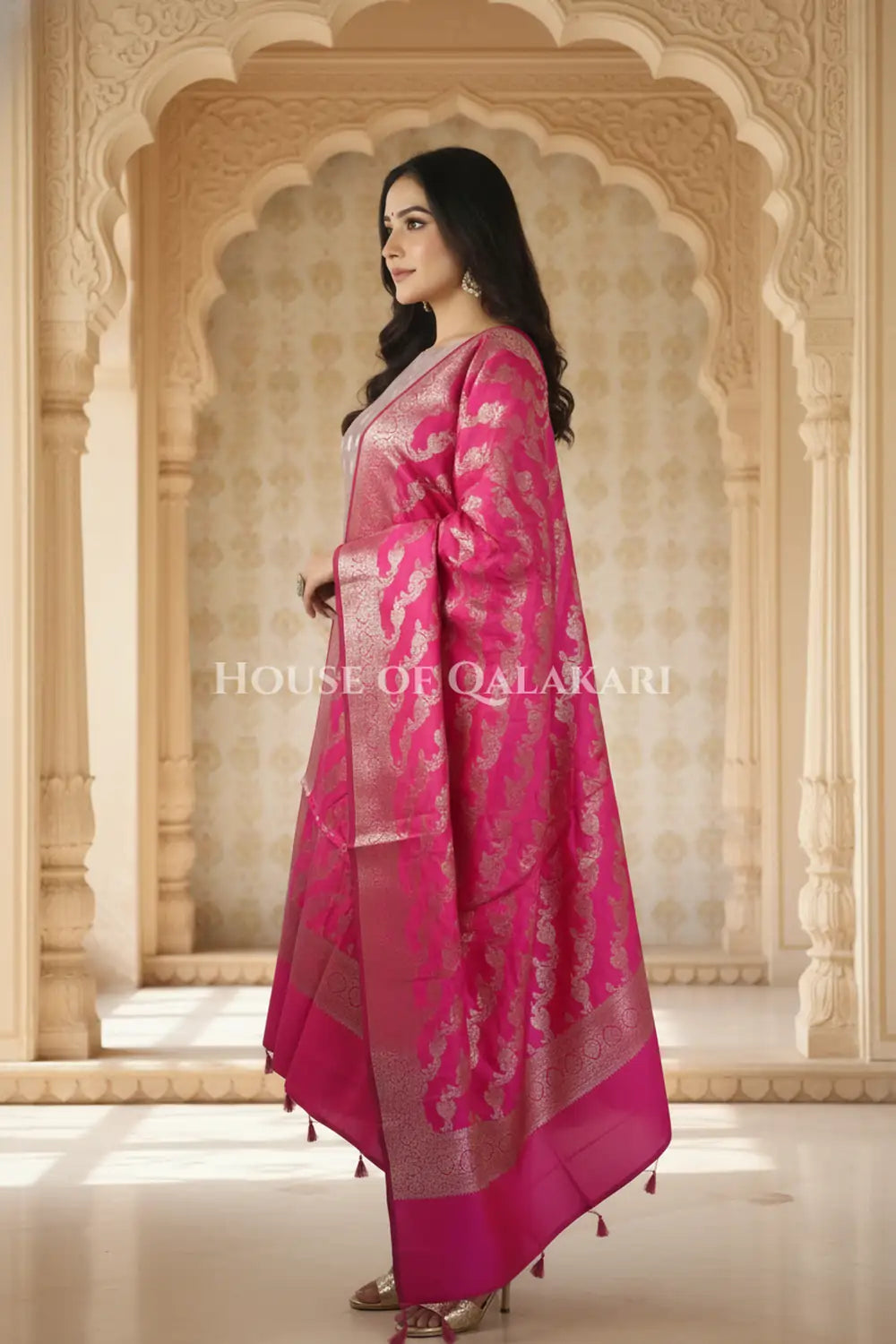 Banarasi Silk Unstitched Dress Material in Light Purple and rani pink contrast with Intricate Zari Buti – side pose