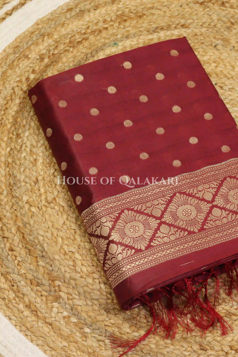 Banarasi Cotton Silk blend Unstitched Dress Material in Maroon Oak and with gol buti( Polka dots) inspired work – kurta