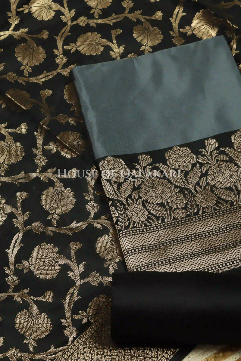 Banarasi silk Unstitched Dress Material in grey and black contrast with Intricate Zari Buti – product