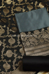 Banarasi silk Unstitched Dress Material in grey and black contrast with Intricate Zari Buti – product