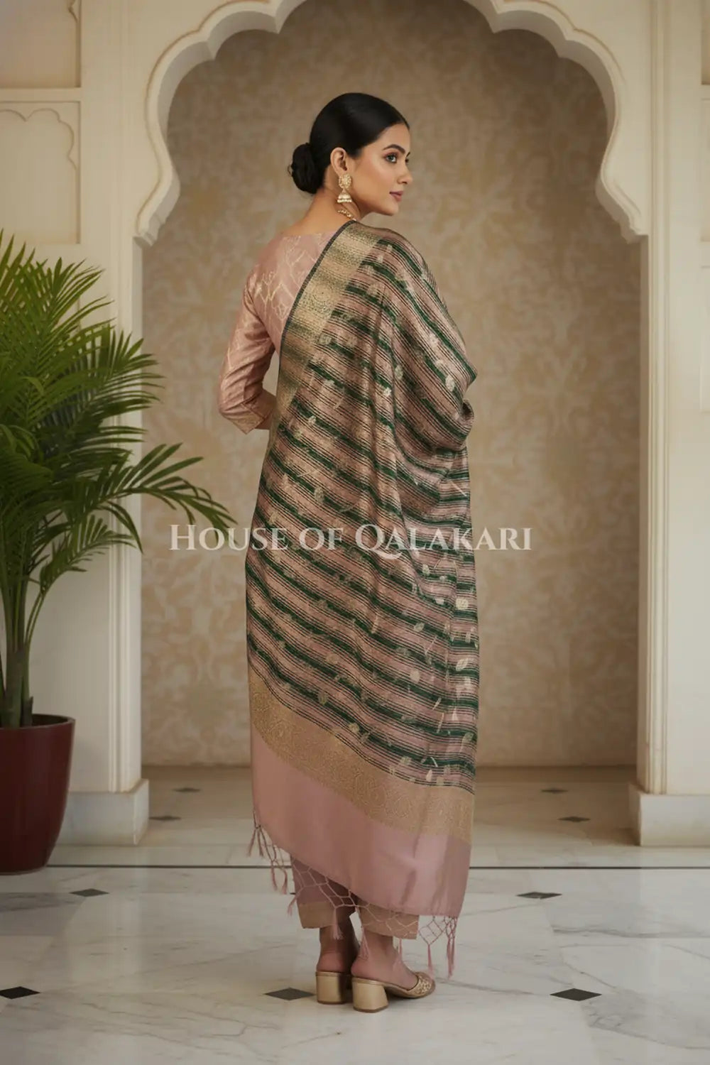 Banarasi Cotton Silk blend Unstitched Dress Material in Copper Rose and with contrast Dark Green-Copper Rose striped dupatta – back pose