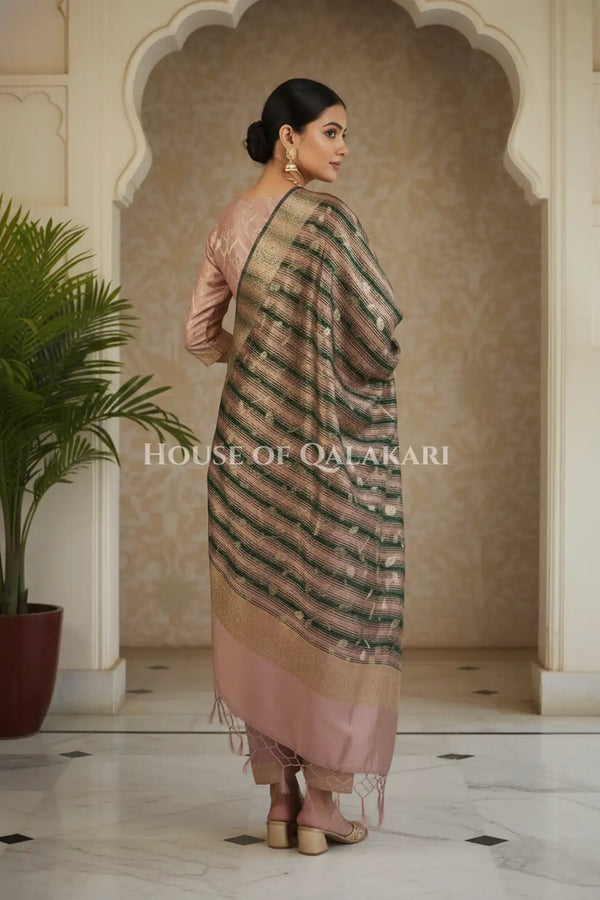 Banarasi Cotton Silk blend Unstitched Dress Material in Copper Rose and with contrast Dark Green-Copper Rose striped dupatta – back pose