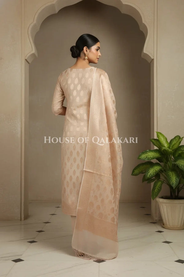 Banarasi Chanderi Cotton Unstitched Dress Material in Champagne beige with intricate Zari Buti work – back pose
