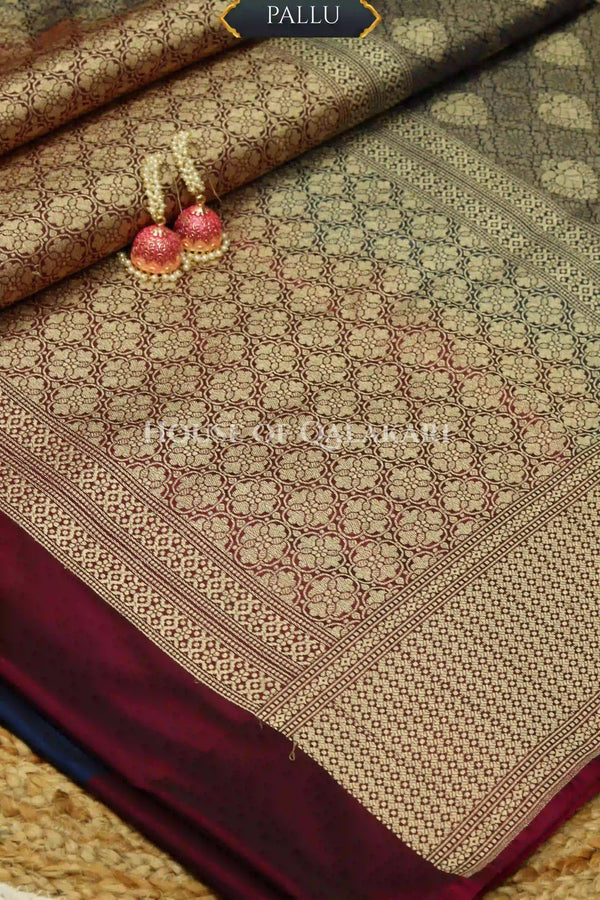 Navy Blue Banarasi Georgette Silk Saree with Kimkhaab Jaal with Paan Leaf's motifs and Zari Resham Brocade detailing border