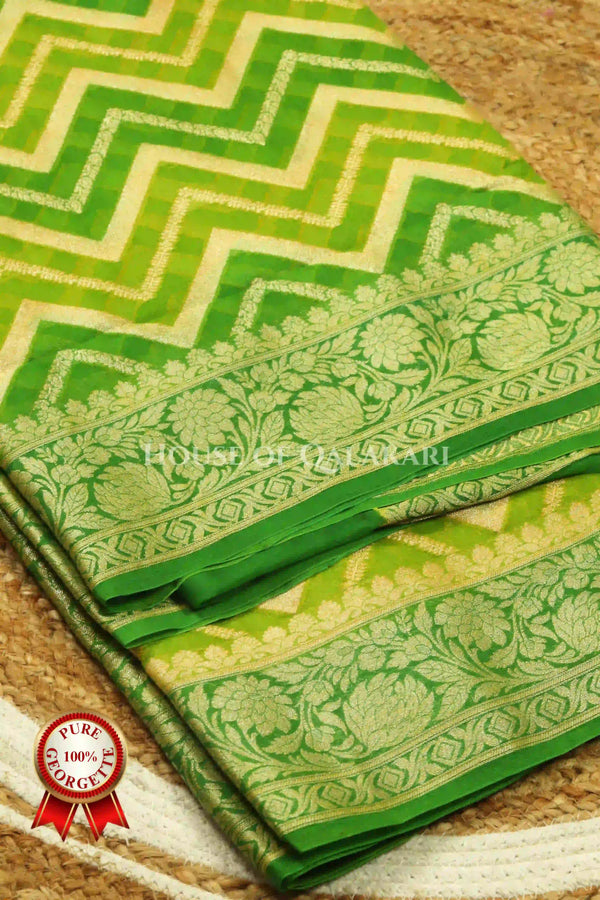Khaddi Banarasi Saree in Green tones with zig-zag chevron wave