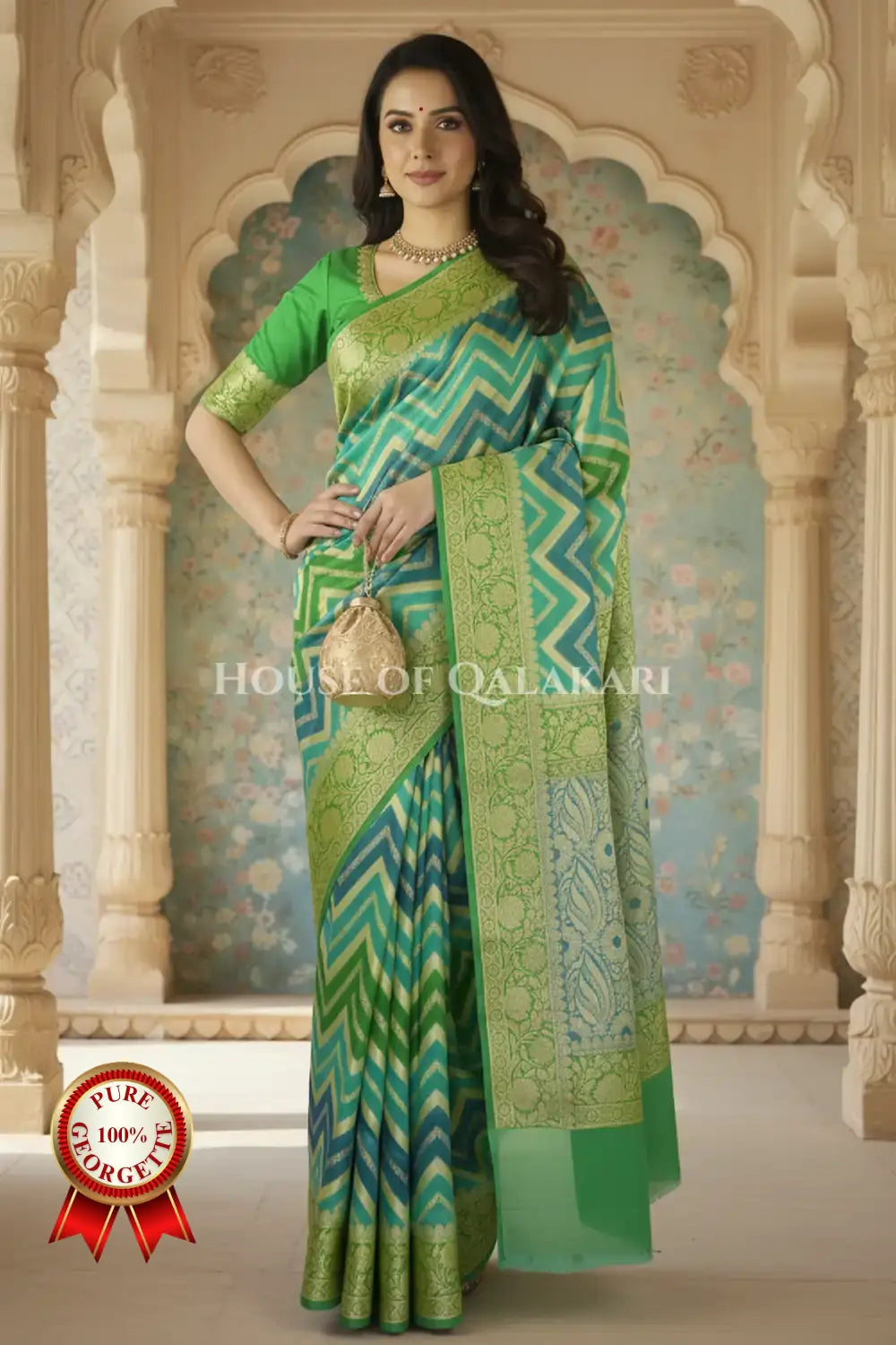Khaddi Banarasi Saree in Green-turquoise blue tones with zig-zag chevron wave