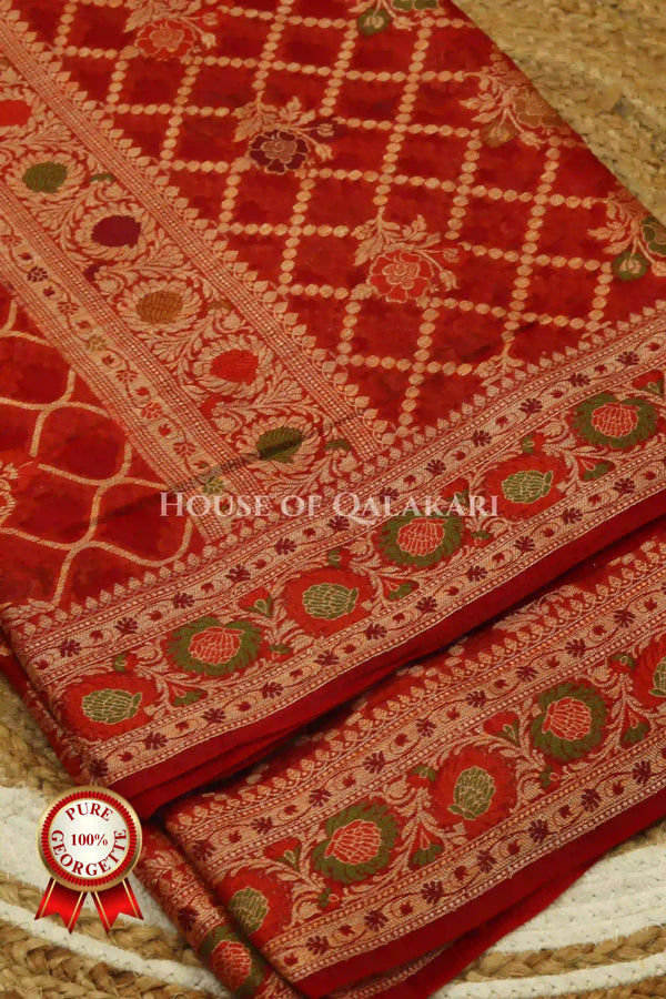 Khaddi Banarasi Saree in Red with all over jaal