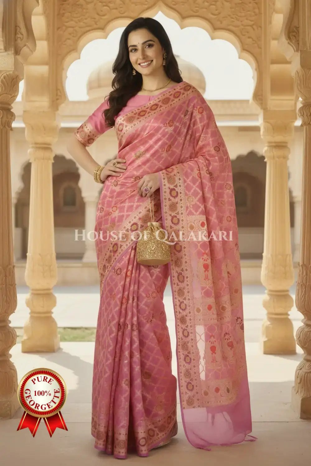 Khaddi Banarasi Saree in Rose Pink with all over jaal