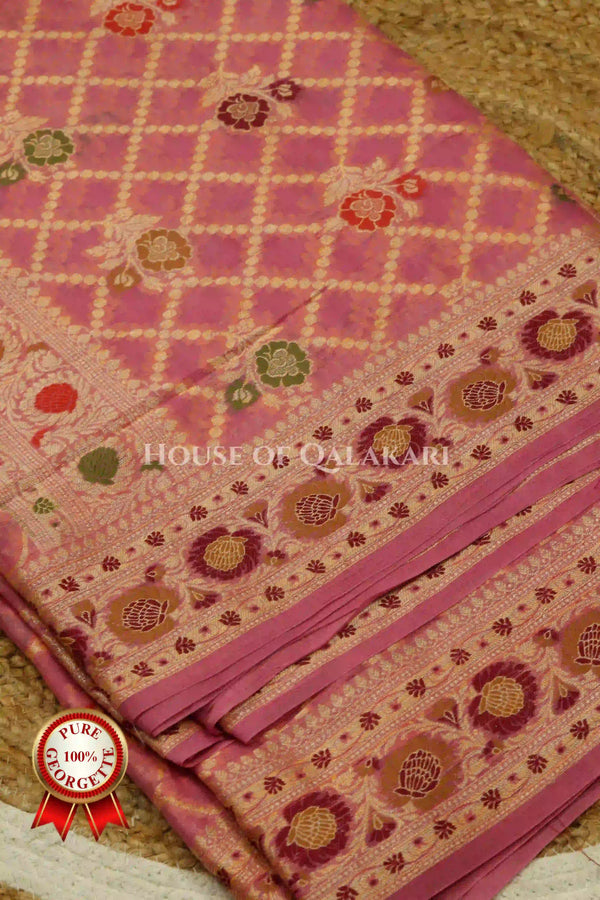 Khaddi Banarasi Saree in Rose Pink with all over jaal