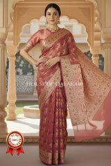 Khaddi Banarasi Saree in Rose Pink with all over floral jaal butis