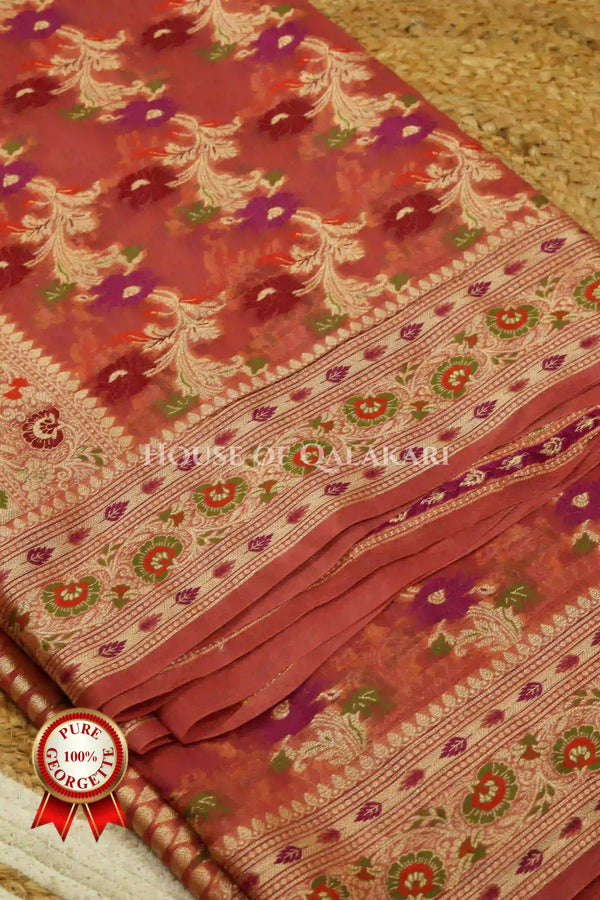 Khaddi Banarasi Saree in Rose Pink with all over floral jaal butis