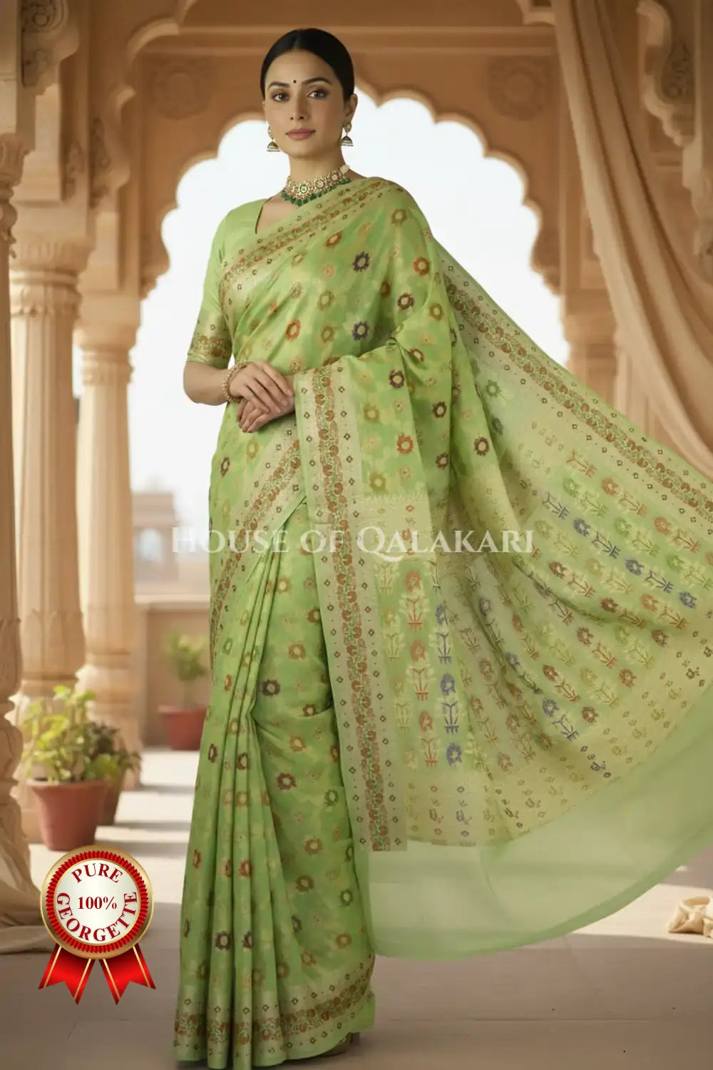 Khaddi Banarasi Saree in light olive green with all over floral jaal butis