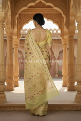 Khaddi Banarasi Saree in Yellow with all over floral jaal butis