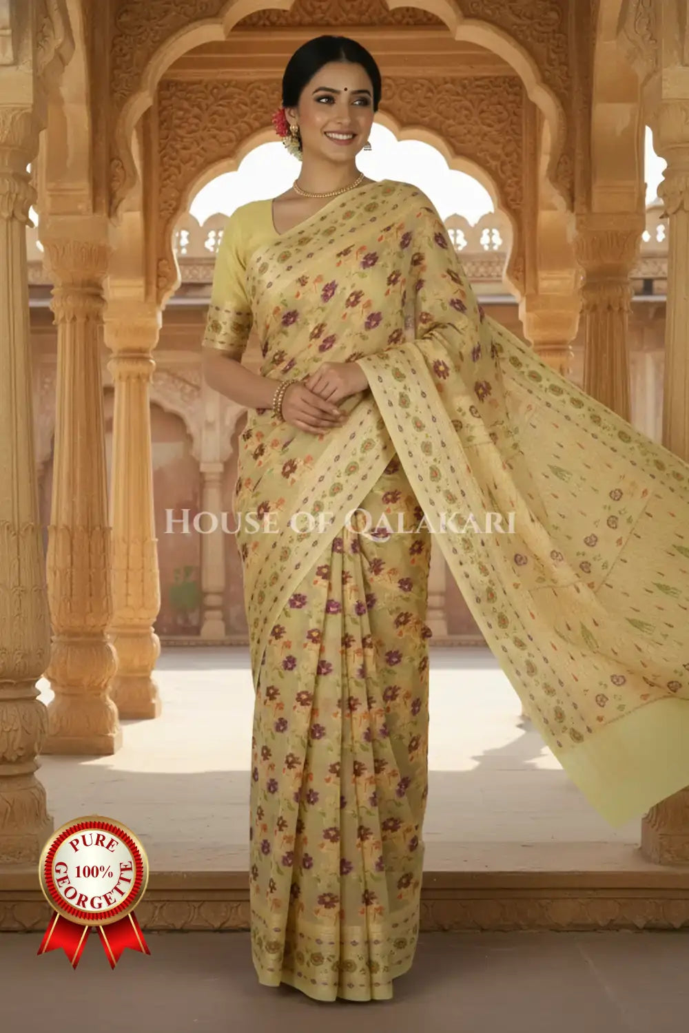 Khaddi Banarasi Saree in Yellow with all over floral jaal butis