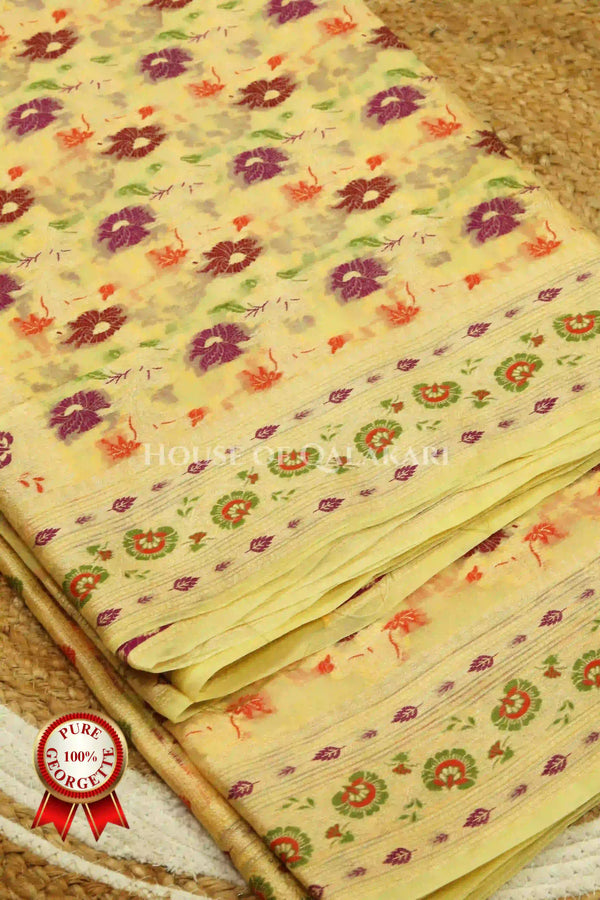 Khaddi Banarasi Saree in Yellow with all over floral jaal butis
