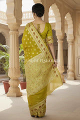 Khaddi Banarasi Saree in Olive Green with all over buti