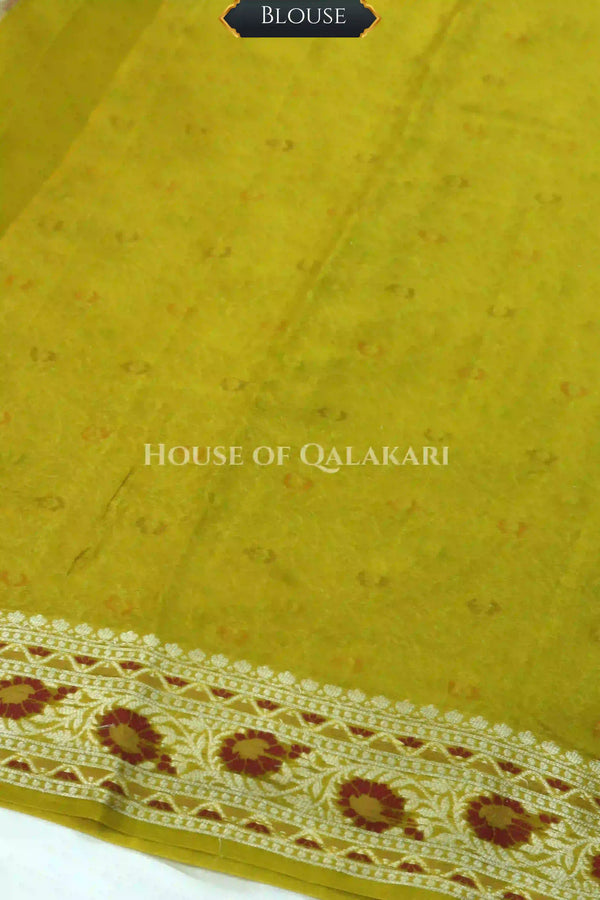 Khaddi Banarasi Saree in Olive Green with all over buti