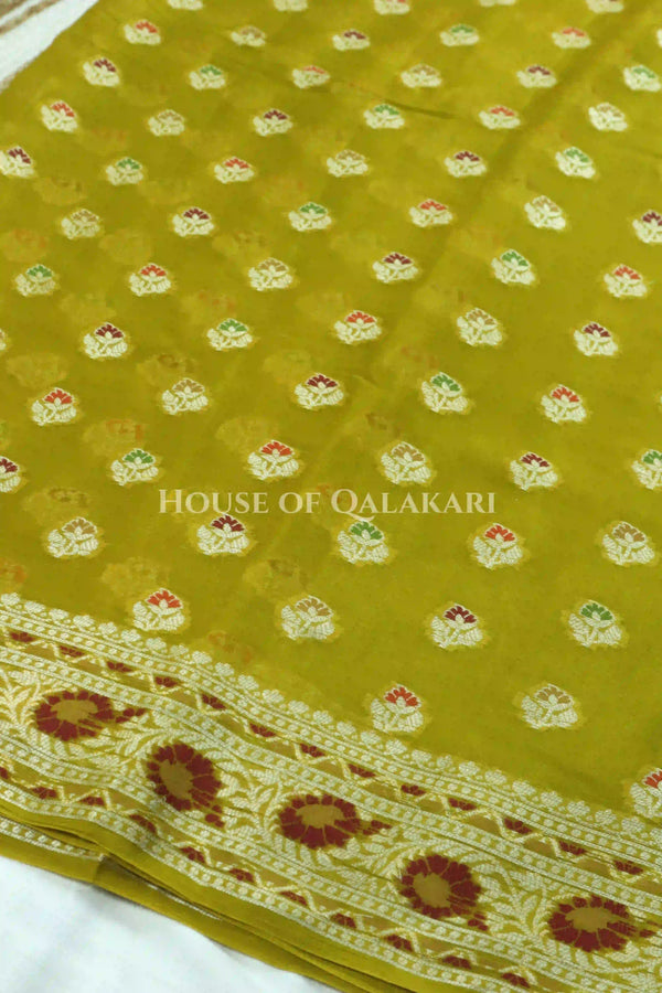 Khaddi Banarasi Saree in Olive Green with all over buti