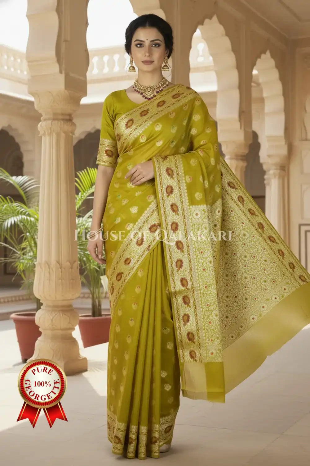 Khaddi Banarasi Saree in Olive Green with all over buti