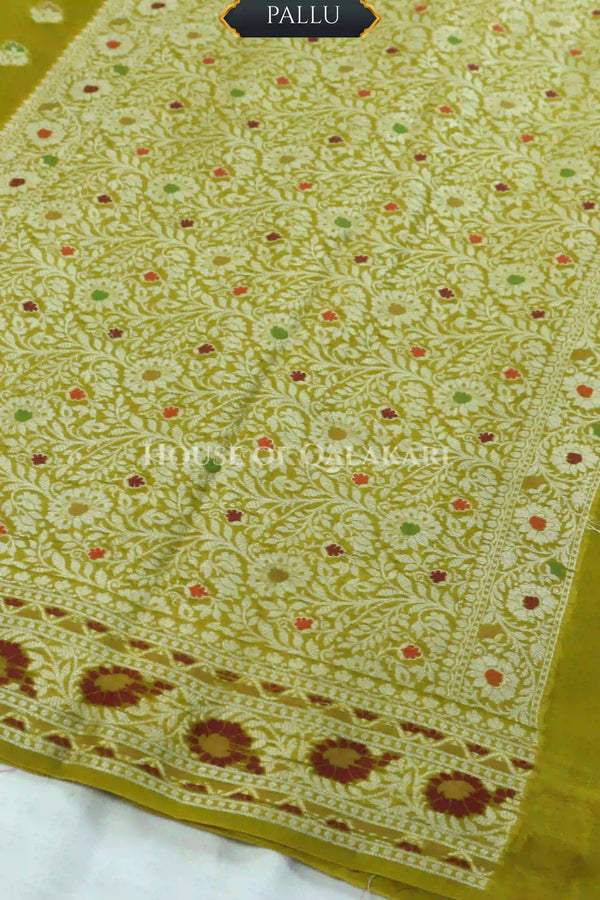 Khaddi Banarasi Saree in Olive Green with all over buti