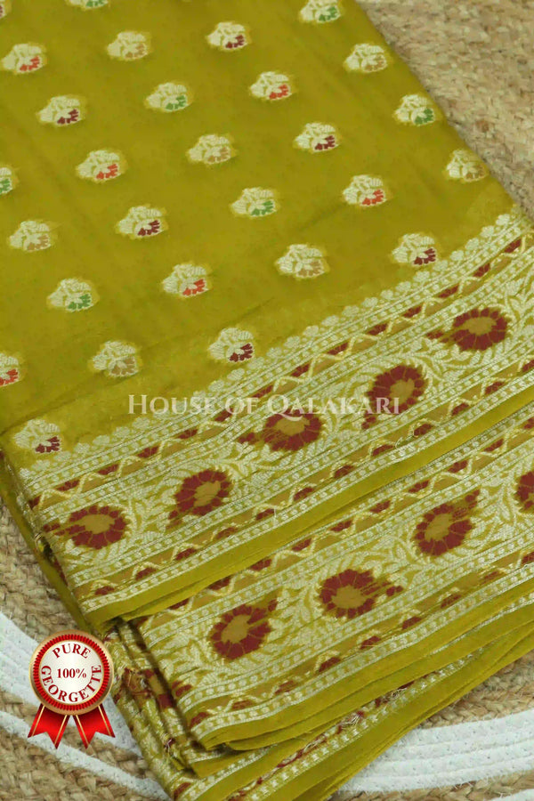 Khaddi Banarasi Saree in Olive Green with all over buti
