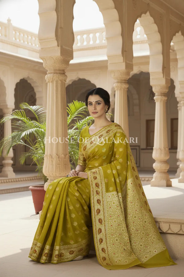 Khaddi Banarasi Saree in Olive Green with all over buti