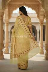 Khaddi Banarasi Saree in light yellow with all over buti