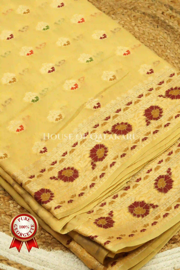 Khaddi Banarasi Saree in light yellow with all over buti