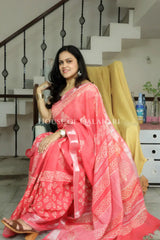 Pure Hand Block Printed Linen Cotton Saree Floral buti body design-Coral Pink