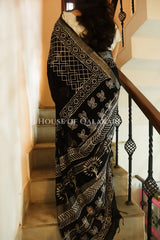 Pure Hand Block Printed Linen Cotton Saree  Geometric lattice body and floral motif design - Black