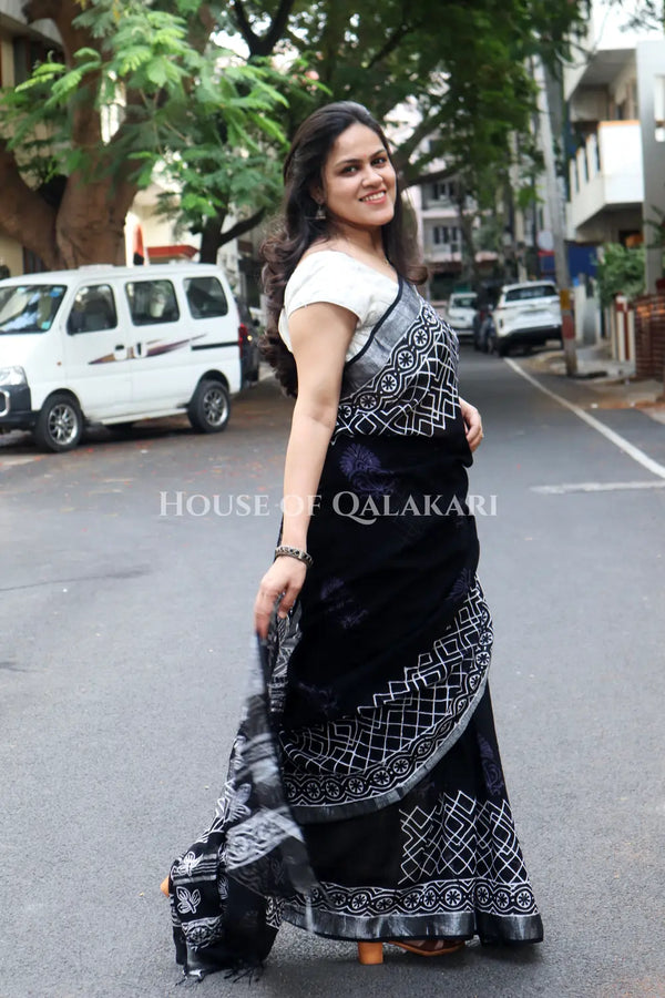 Pure Hand Block Printed Linen Cotton Saree  Geometric lattice body and floral motif design - Black