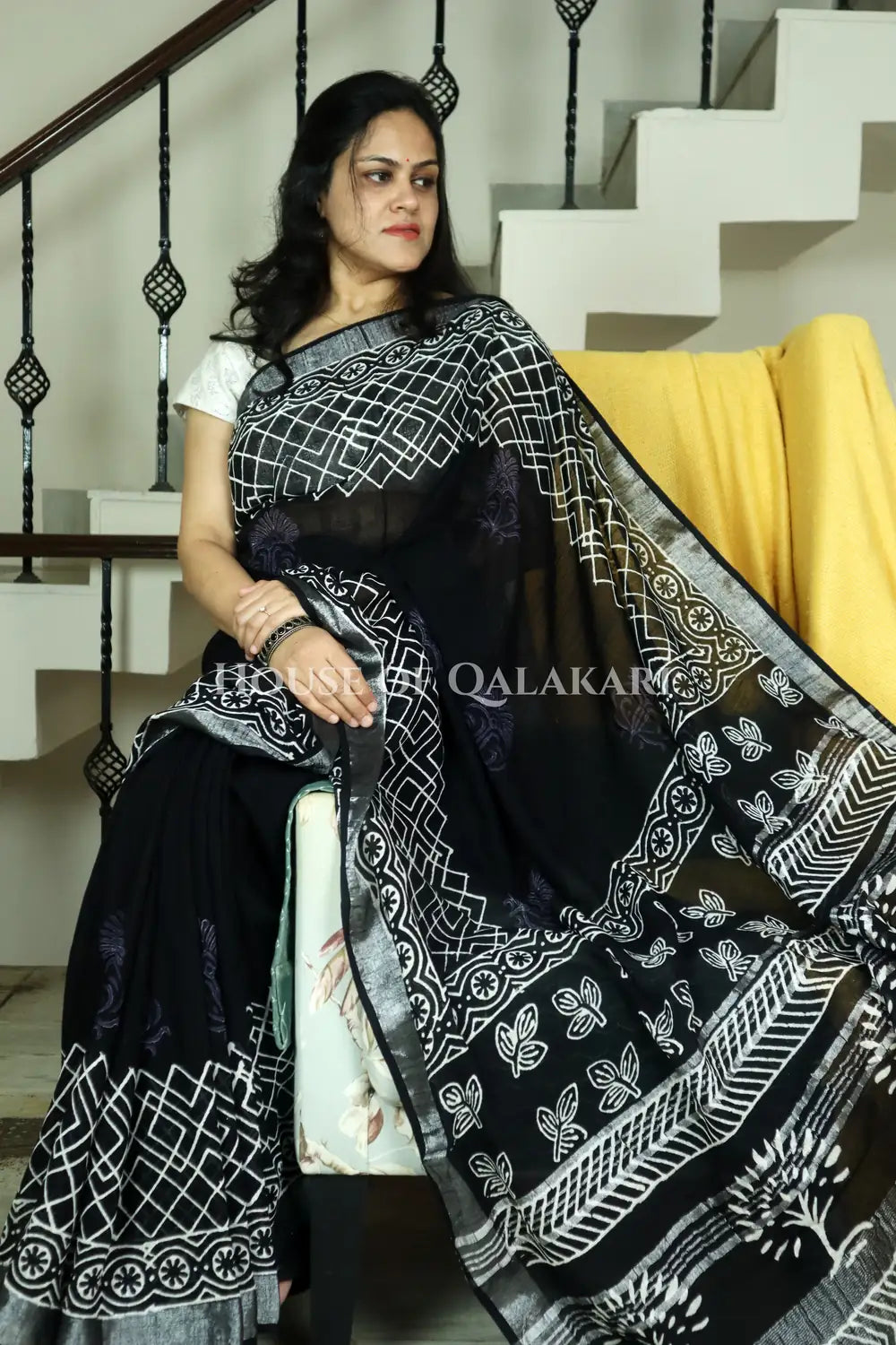 Pure Hand Block Printed Linen Cotton Saree  Geometric lattice body and floral motif design - Black