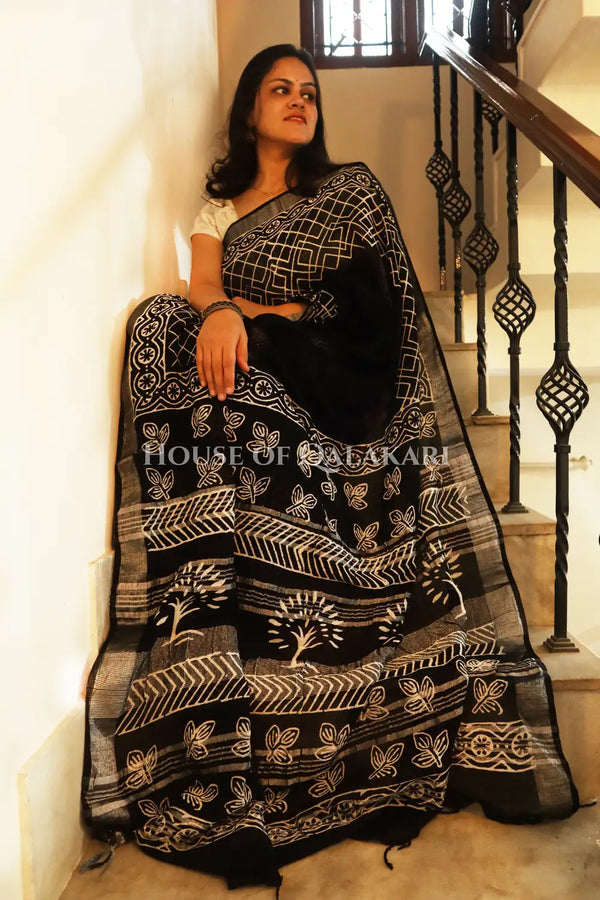 Pure Hand Block Printed Linen Cotton Saree  Geometric lattice body and floral motif design - Black
