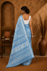 Pure Hand Block Printed Linen Cotton Saree – Floral buti body and Paisley vine design - Sky Blue