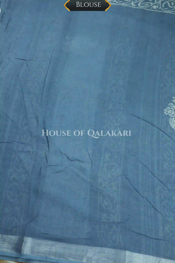 Pure Hand Block Printed Linen Cotton Saree – Floral buti body and Paisley vine design - Sky Blue