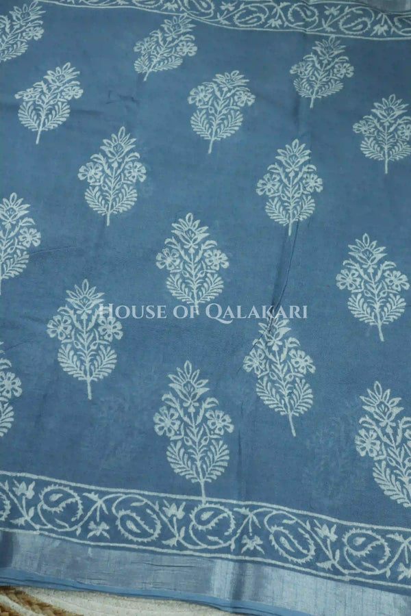 Pure Hand Block Printed Linen Cotton Saree – Floral buti body and Paisley vine design - Sky Blue