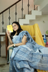 Pure Hand Block Printed Linen Cotton Saree – Floral buti body and Paisley vine design - Sky Blue