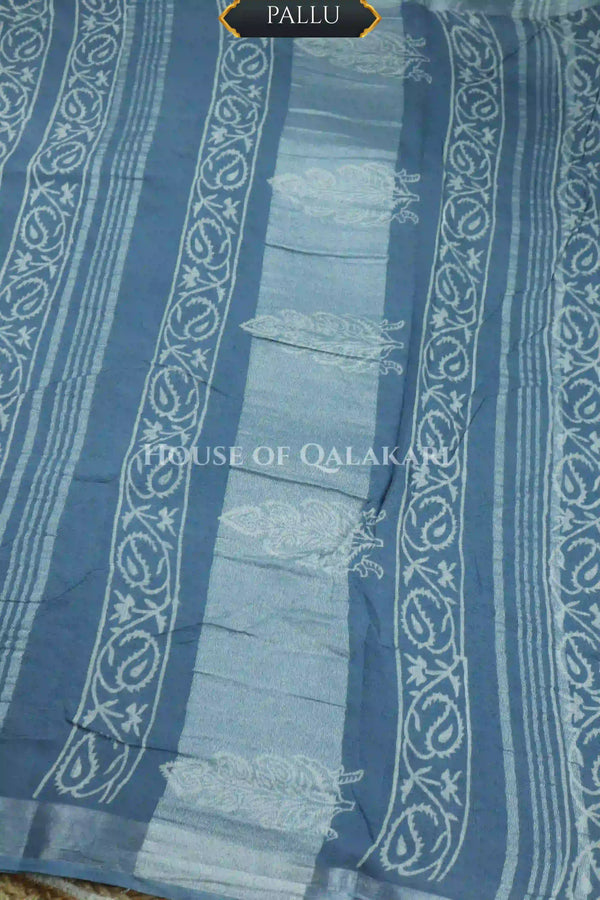 Pure Hand Block Printed Linen Cotton Saree – Floral buti body and Paisley vine design - Sky Blue