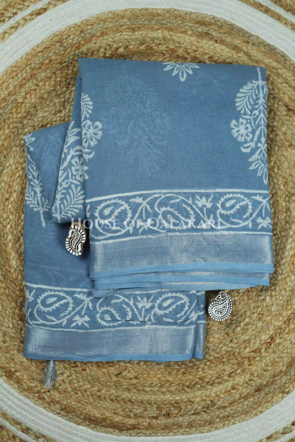 Pure Hand Block Printed Linen Cotton Saree – Floral buti body and Paisley vine design - Sky Blue