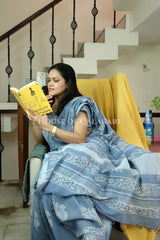 Pure Hand Block Printed Linen Cotton Saree – Floral buti body and Paisley vine design - Sky Blue