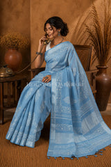 Pure Hand Block Printed Linen Cotton Saree – Floral buti body and Paisley vine design - Sky Blue