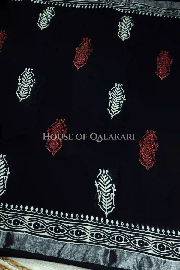 Pure Hand Block Printed Linen Cotton Saree – Rust red and ivory floral butis - Black