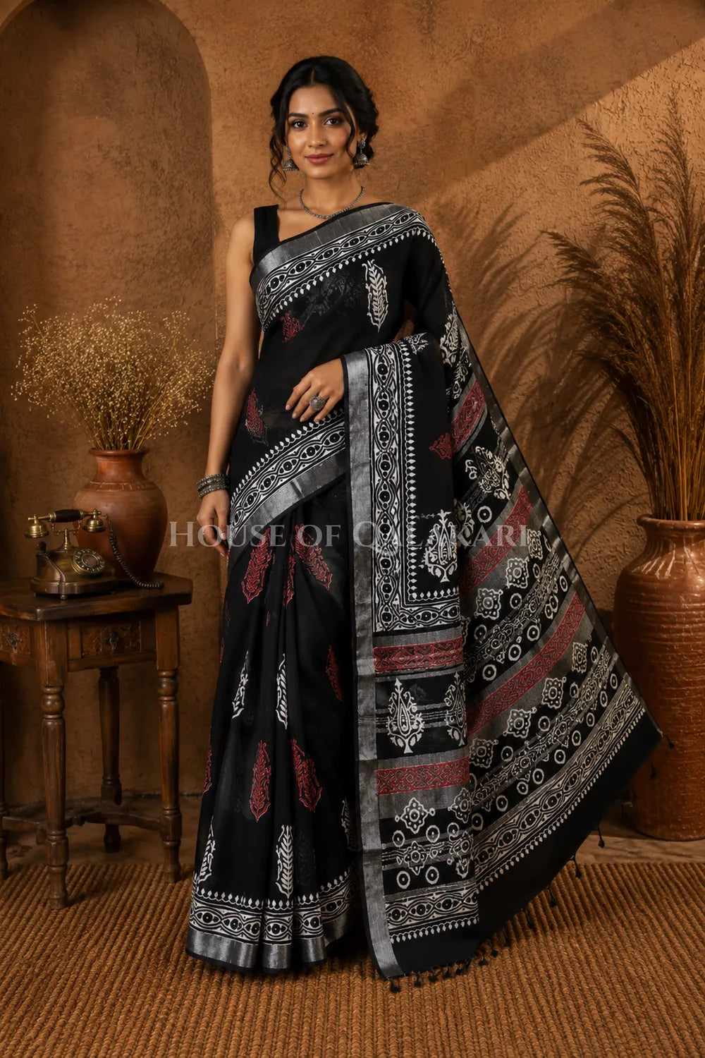 Pure Hand Block Printed Linen Cotton Saree – Rust red and ivory floral butis - Black