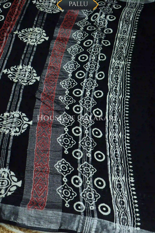 Pure Hand Block Printed Linen Cotton Saree – Rust red and ivory floral butis - Black