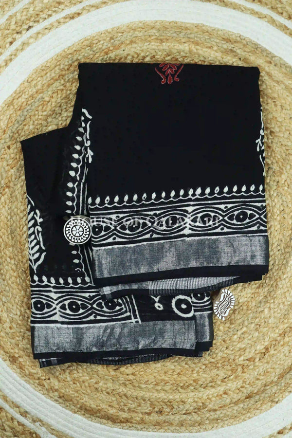 Pure Hand Block Printed Linen Cotton Saree – Rust red and ivory floral butis - Black