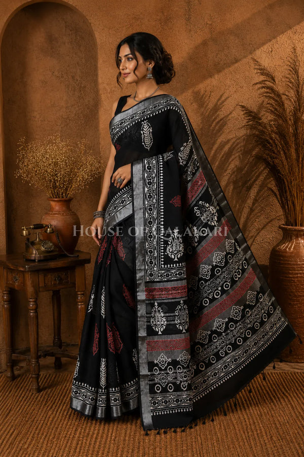 Pure Hand Block Printed Linen Cotton Saree – Rust red and ivory floral butis - Black