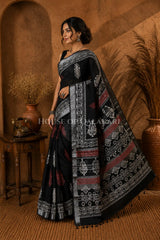 Pure Hand Block Printed Linen Cotton Saree – Rust red and ivory floral butis - Black