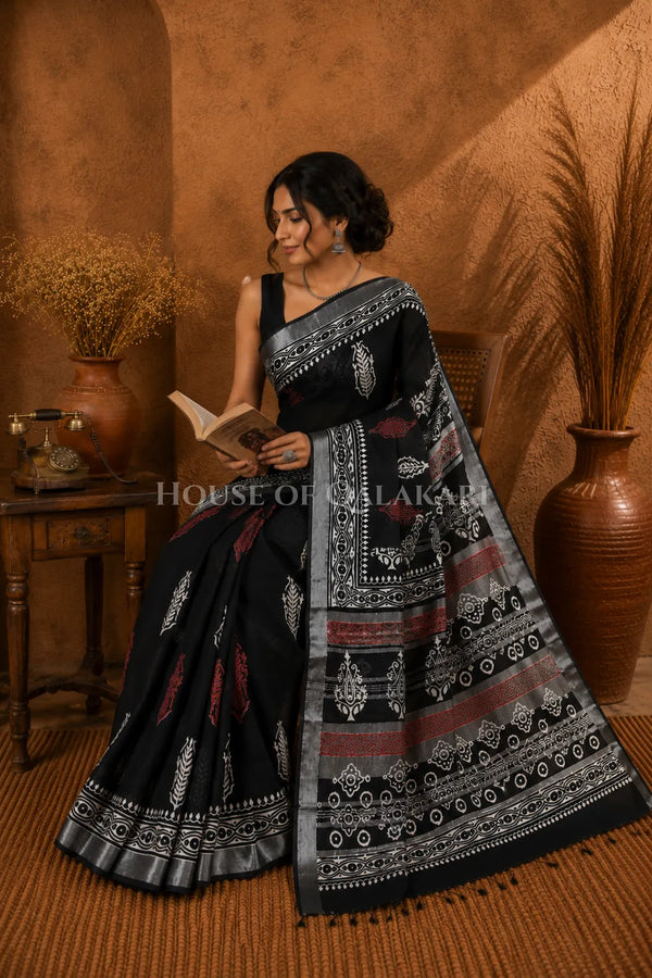 Pure Hand Block Printed Linen Cotton Saree – Rust red and ivory floral butis - Black